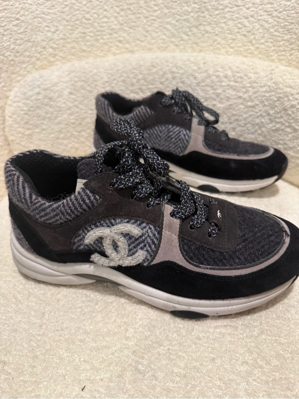 Chanel Gray/Black Tweed Trainers